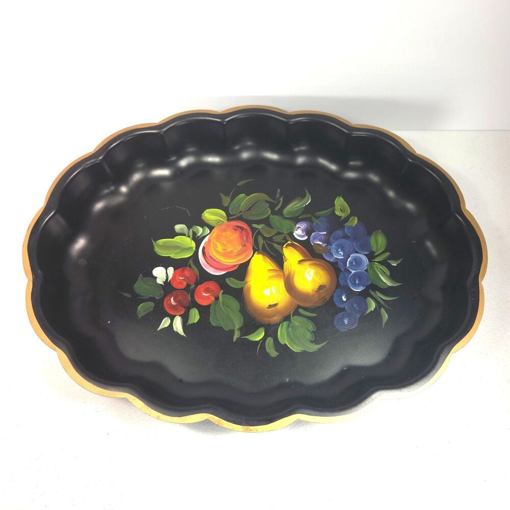 Vintage Nashco Hand Painted Toleware Tray Black Gold Fruit Oval Scalloped